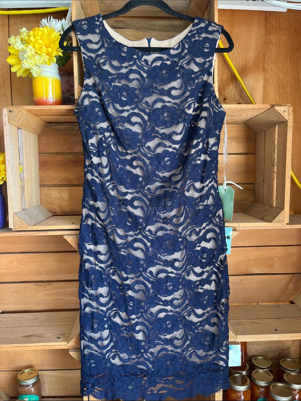Juno Sleeveless Navy Lace Midi Dress with Nude Lining